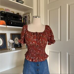 Papaya Burned orange floral blouse with ruffle hem and tie front